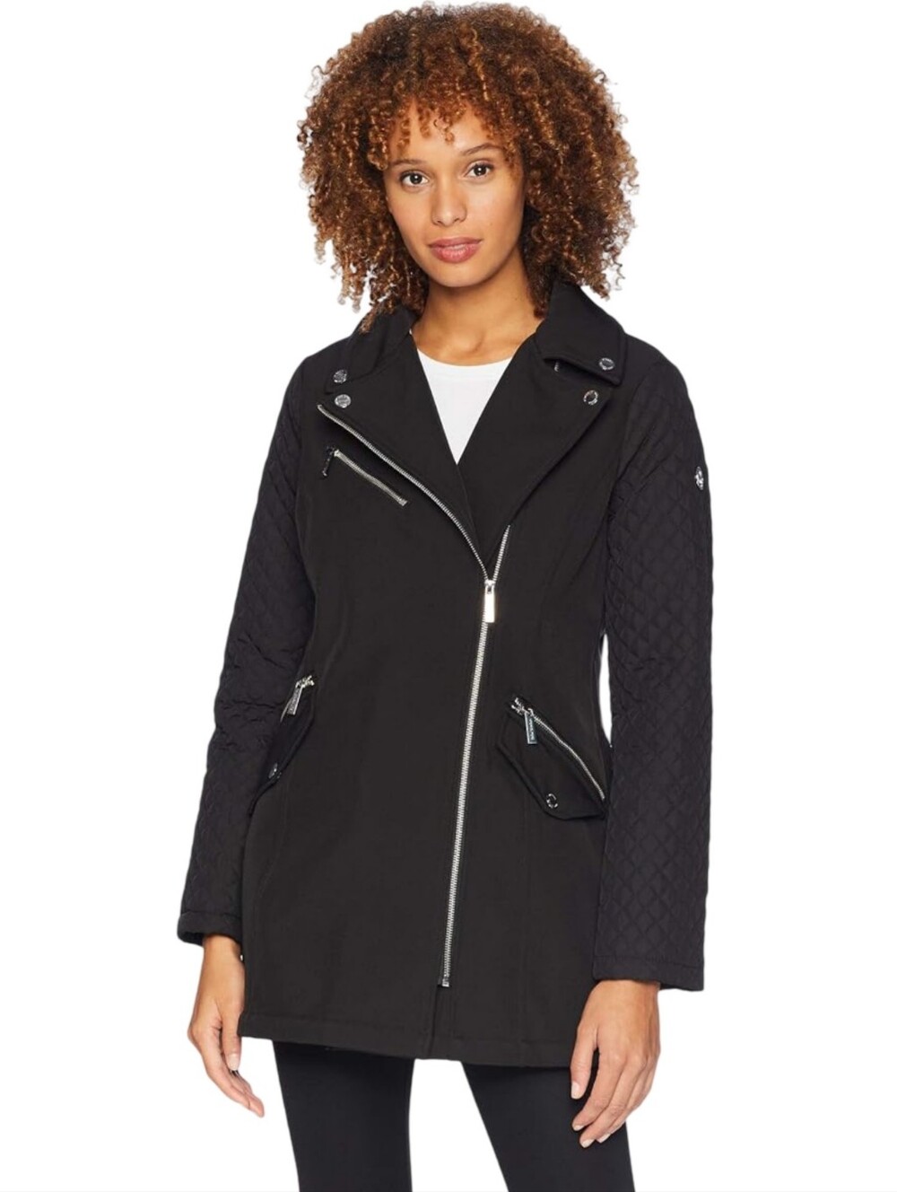 MK Michael Kors Softshell Quilted Sleeve Black Moto-Style Women's Coat